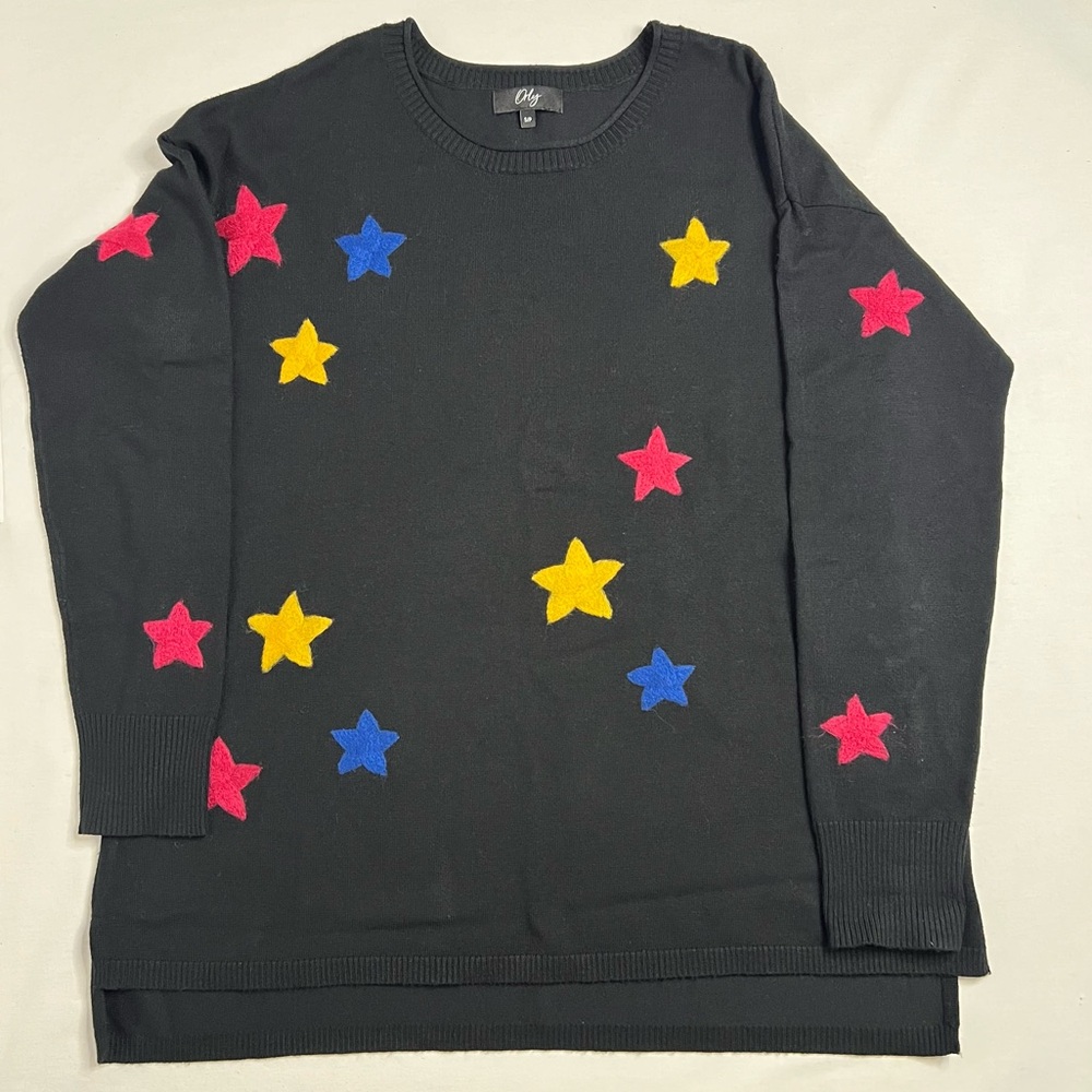 Orly sweater black with bright embroidered stars crew neck split side size Small